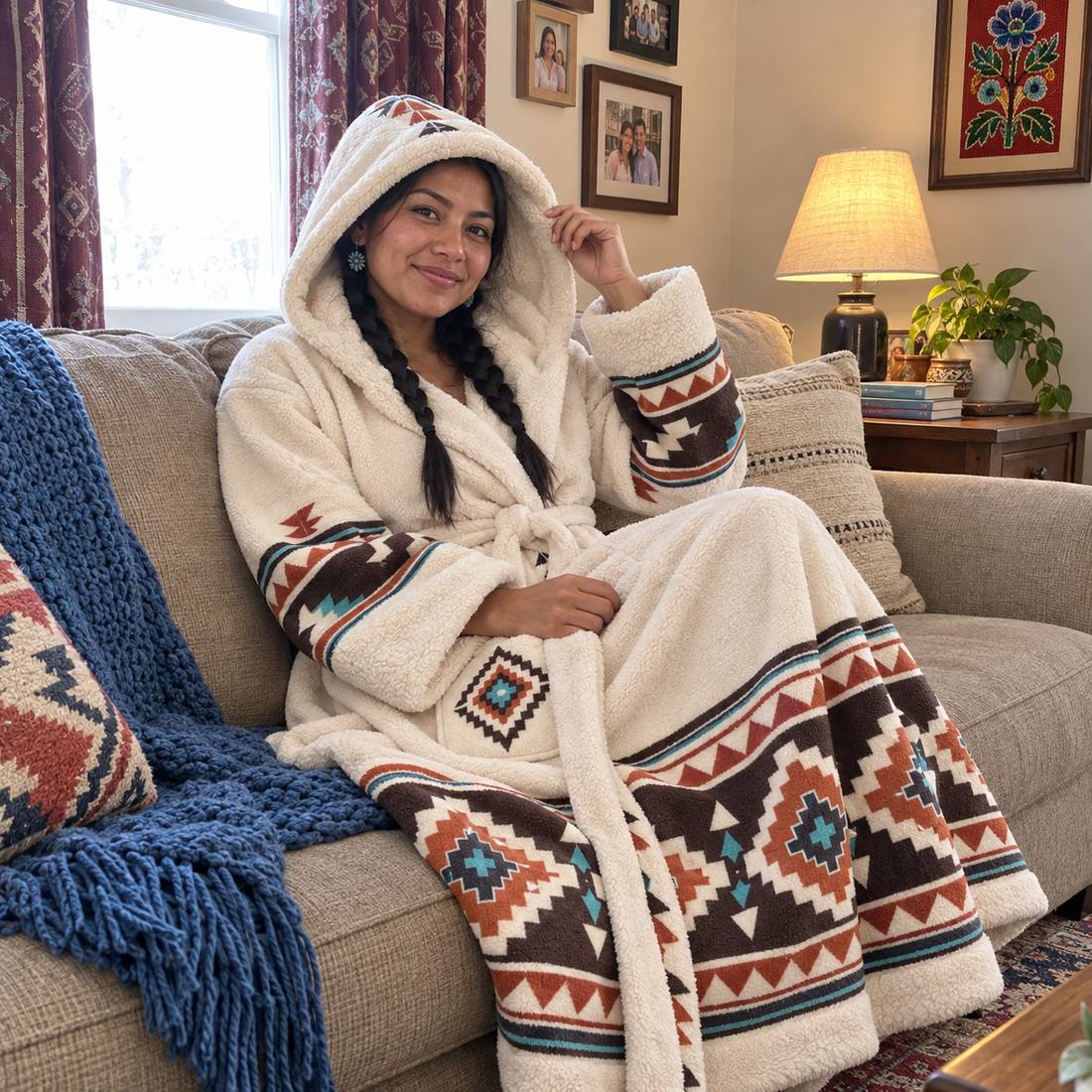 A woman on a sofa wearing the cream IndigiRobes robe with the hood up