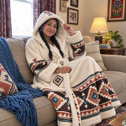 Woman wearing the robe with the hood up on a sofa