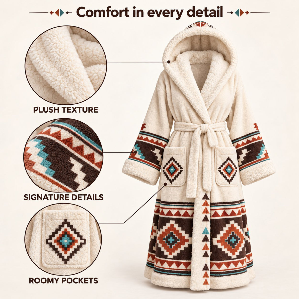 Close-ups of the plush texture, sleeve pattern and front pocket