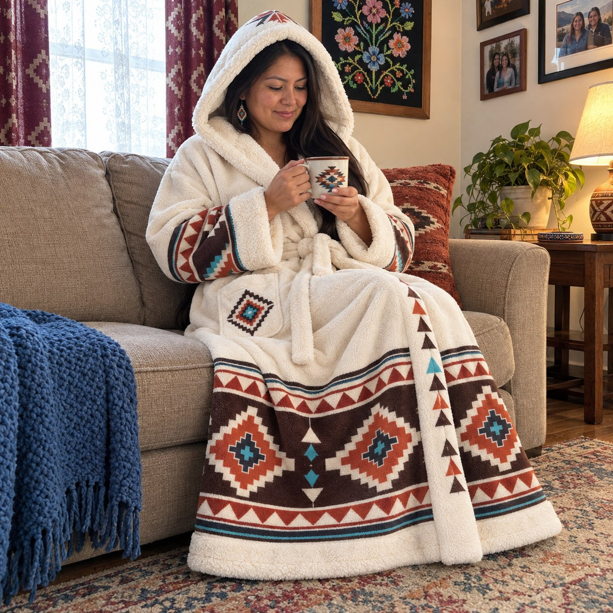 Woman in the robe holding a mug on a sofa