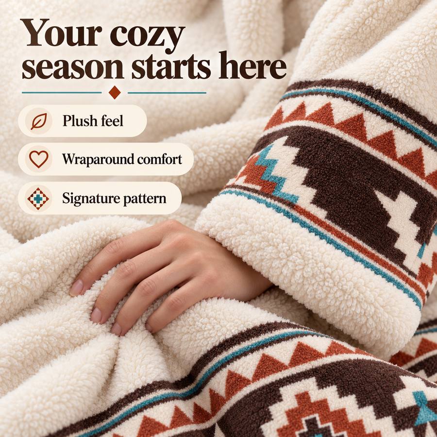 Close-up of the plush robe texture and patterned sleeve cuff