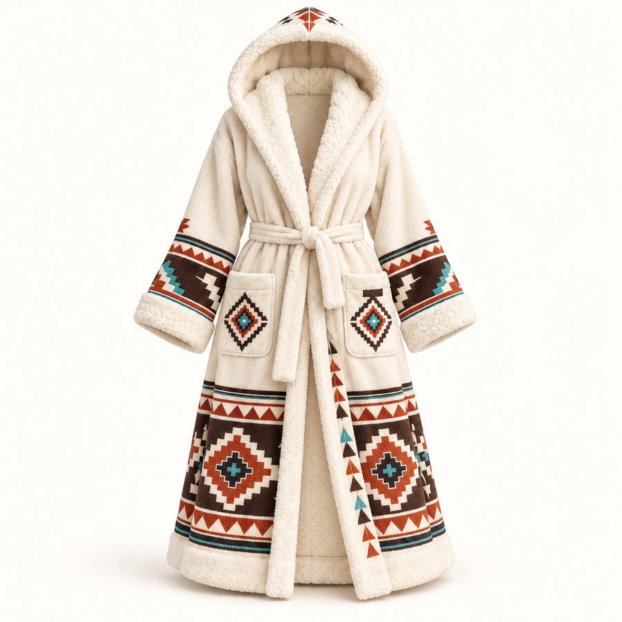 The IndigiRobes robe laid flat, front view